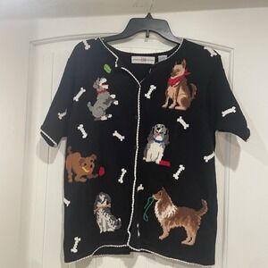 Marisa Christina Sweater Short Sleeve Button Up Dogs Black Women's Size‎ Small